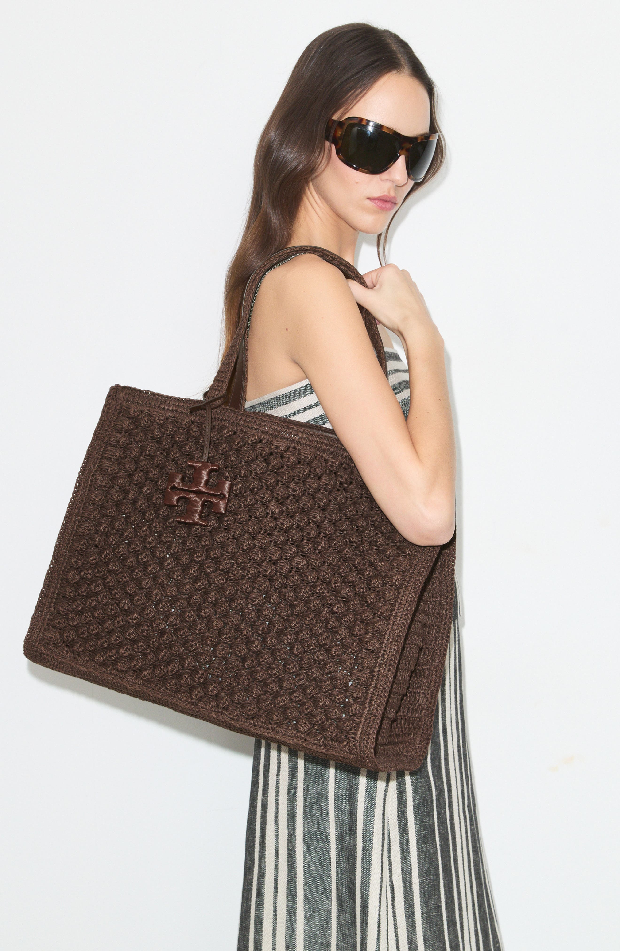 Tory Burch Ella Hand Crochet Straw Bag, Alternate, color, Dark Cocoa