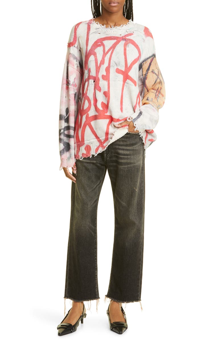 R13 Distressed Fray Hem Stretch Boyfriend Jeans, Alternate, color, Abbey Black