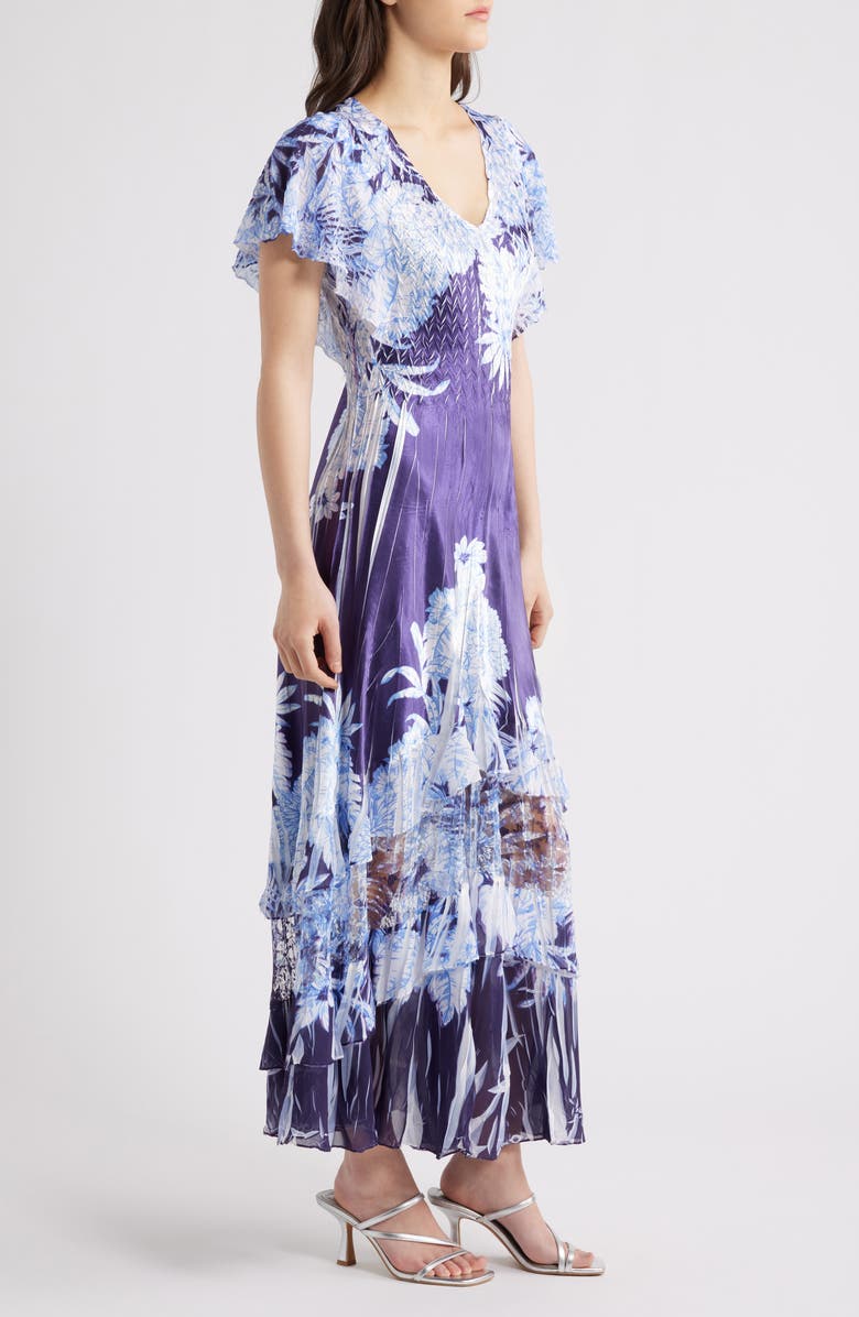 Komarov Flutter Sleeve Charmeuse & Chiffon Maxi Cocktail Dress, Alternate, color, Indigo Tropics