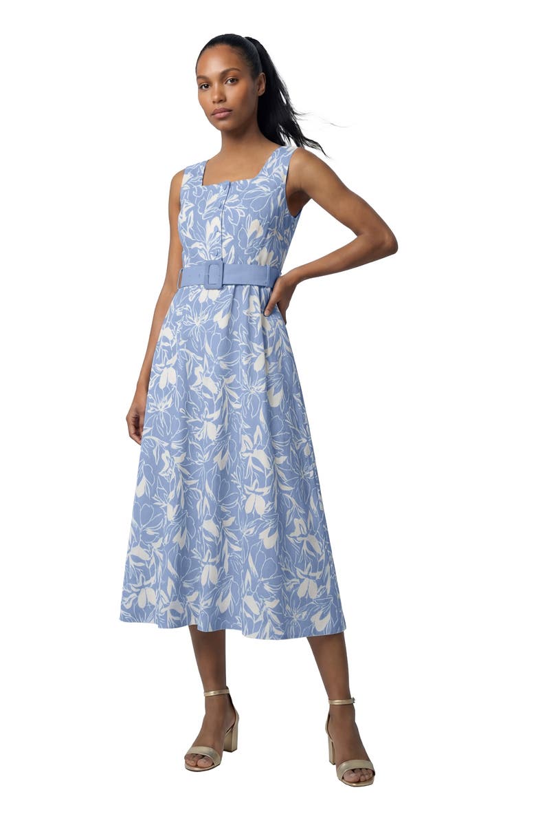 Jessica London Belted Linen Midi Dress, Main, color, Azure Tropical Garden