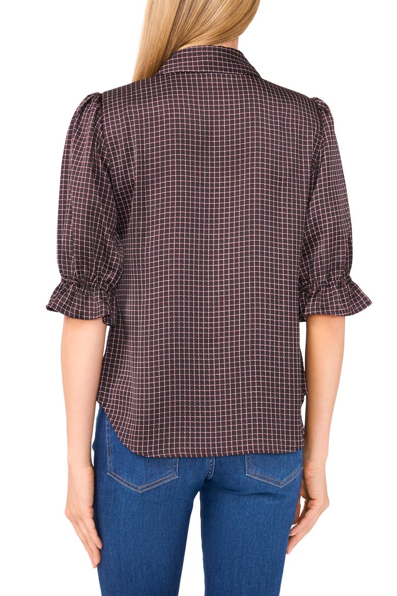 Geo Print Elbow Sleeve Button-Up Satin Shirt, Alternate, color, RICH BLACK