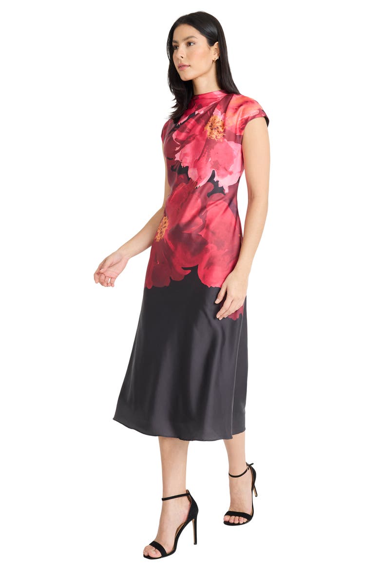 Pleated Floral Print Cap Sleeve Satin Midi Dress, Alternate, color, BLACK/ FLAME
