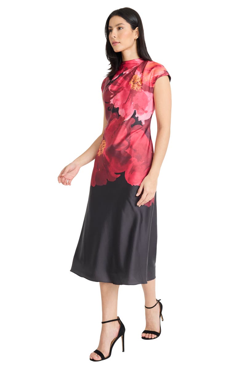 Maggy London Pleated Floral Print Cap Sleeve Satin Midi Dress, Alternate, color, Black/ Flame