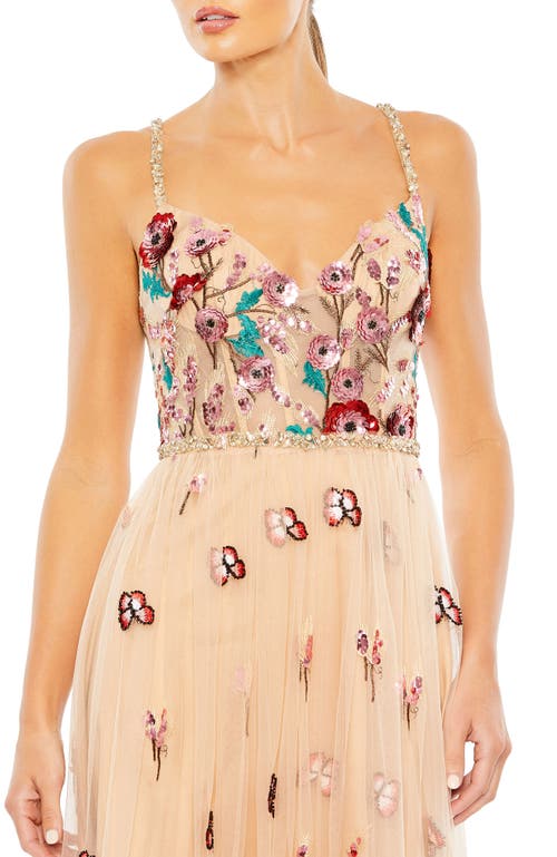 Mac Duggal Bead And Gemstone Encrusted Floral Detail A Line Gown In Nude Multi