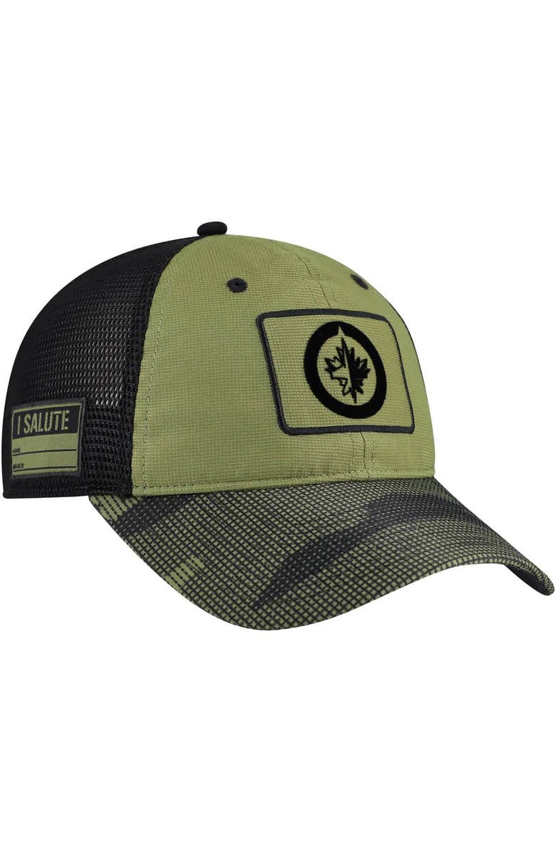 FANATICS Men's Fanatics  Olive Winnipeg Jets Military Appreciation Trucker Adjustable Hat, Main, color, Olive