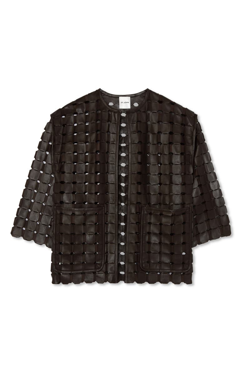 St. John Collection Geometric Woven Leather Jacket, Alternate, color, 