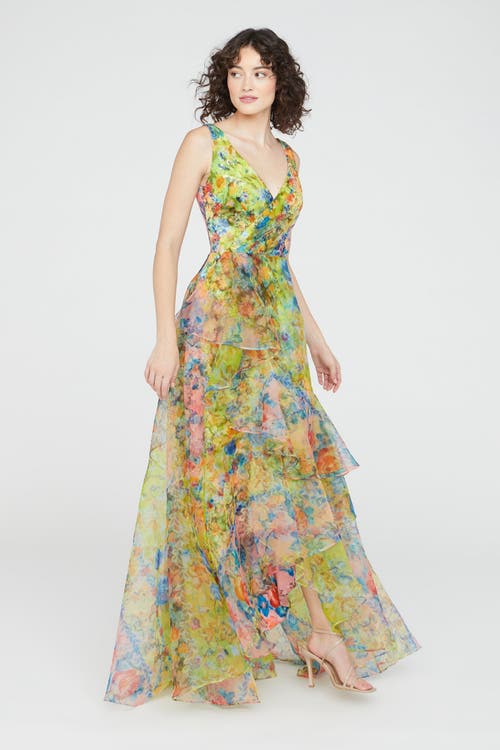 Theia Mindy Organza V-neck Gown In Heritage Patchwork Floral In Multi