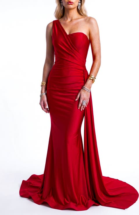 One-Shoulder Draped Satin Mermaid Gown With Side Cascade