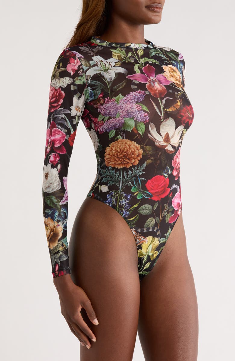 KILO BRAVA Floral Print Mesh Long Sleeve Teddy, Alternate, color, Garden Of Eden