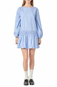 Stripe Long Sleeve Cotton Blend Minidress