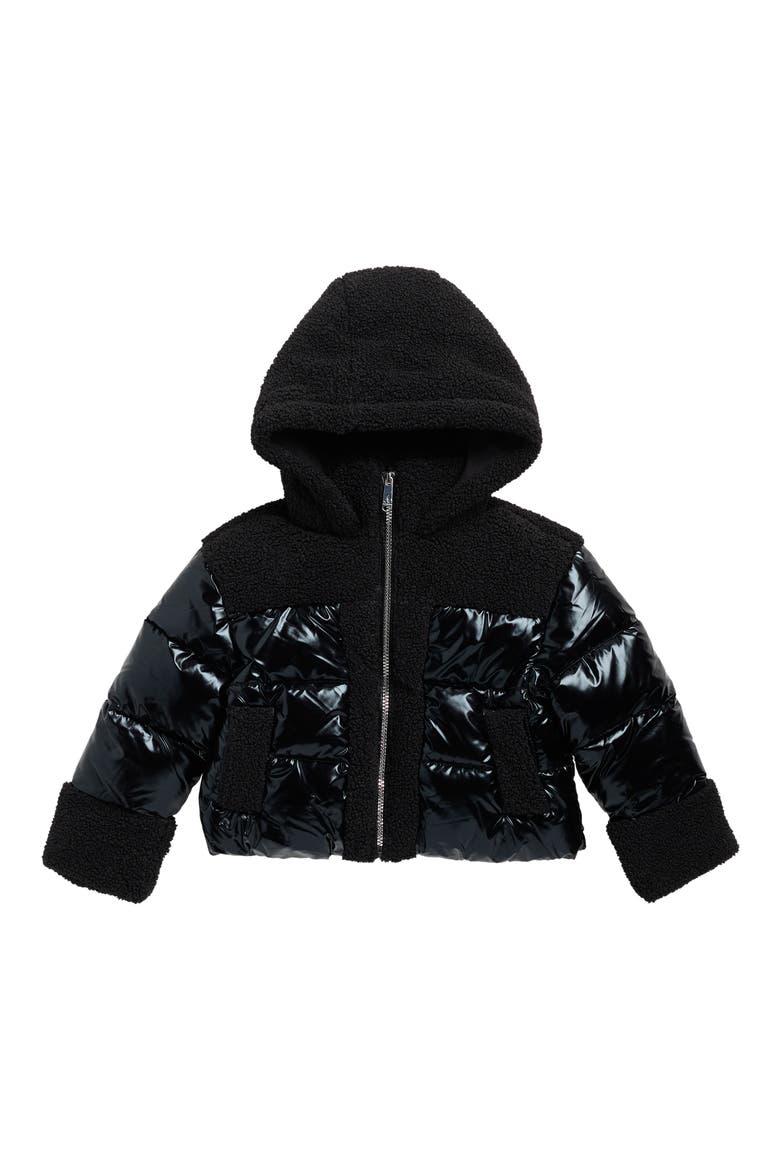 Kids' Hybrid Faux Shearling & Metallic Quilted Jacket, Main, color, BLACK