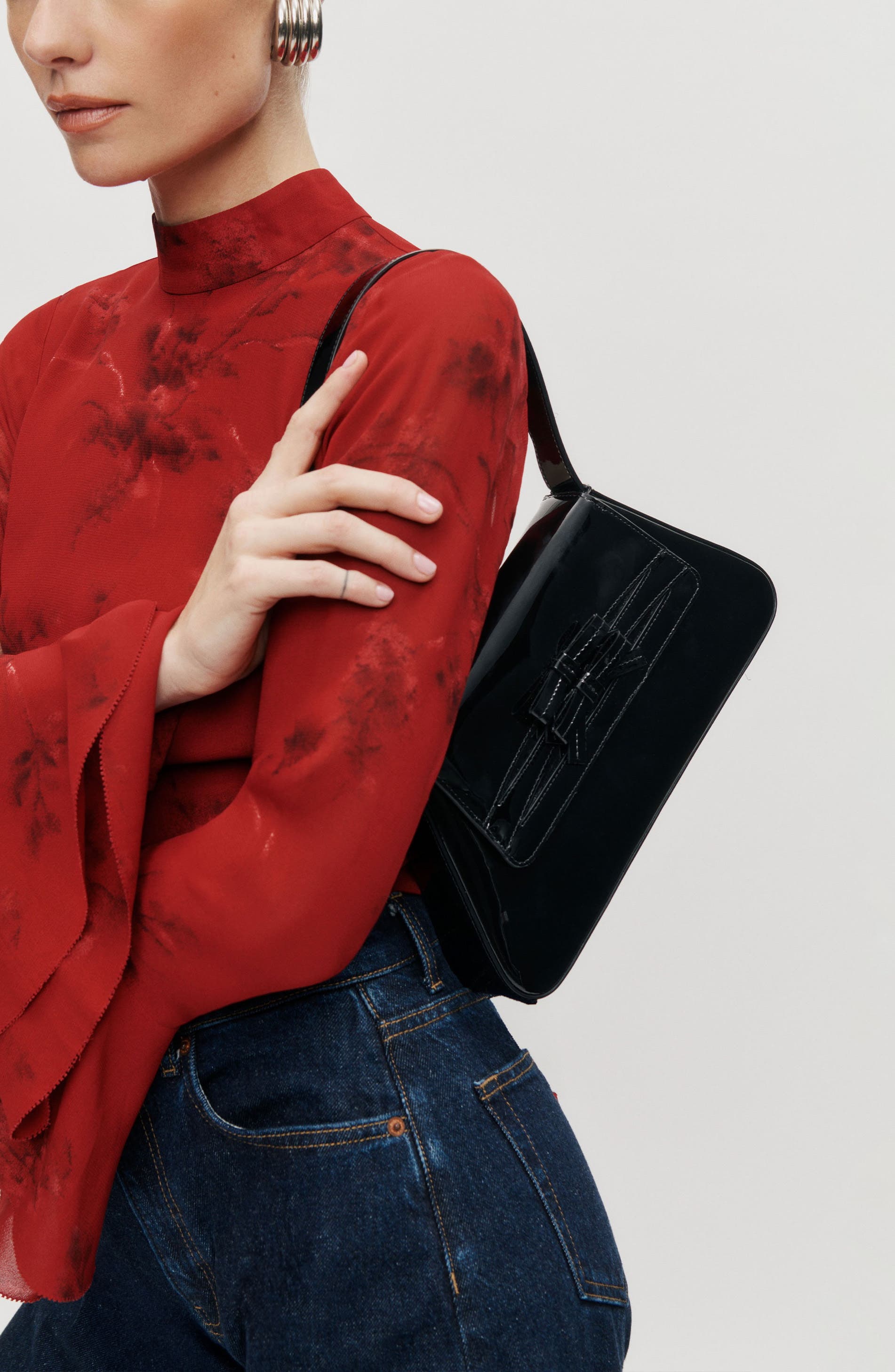 Reformation Noreen Patent Leather Shoulder Bag, Alternate, color, Black Patent