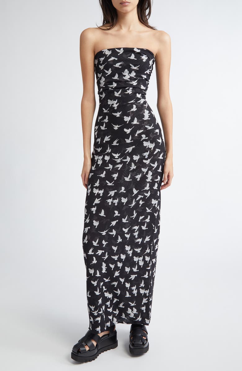 Stella McCartney Flying Bird Haze Gathered Strapless Mesh Dress, Main, color, Black