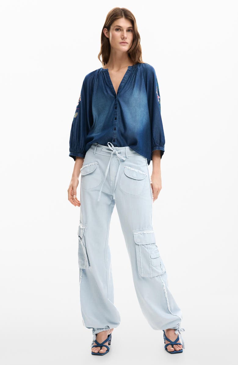 Desigual Embroidered Chambray Shirt, Alternate, color, Dark Blue