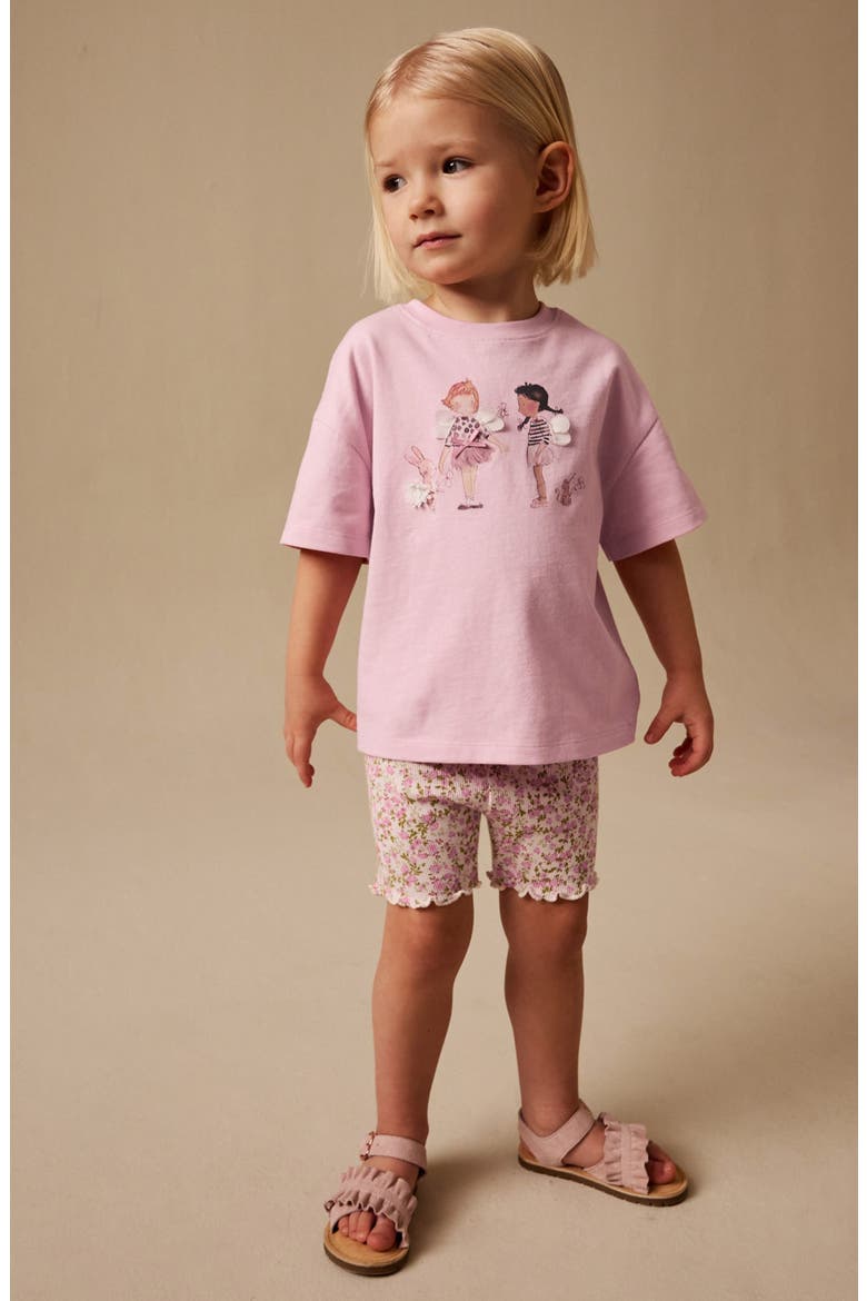 Ballerina Appliqué T-Shirt & Floral Shorts Set, Alternate, color, PINK