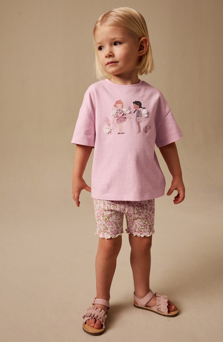 NEXT Ballerina Appliqué T-Shirt & Floral Shorts Set, Alternate, color, Pink