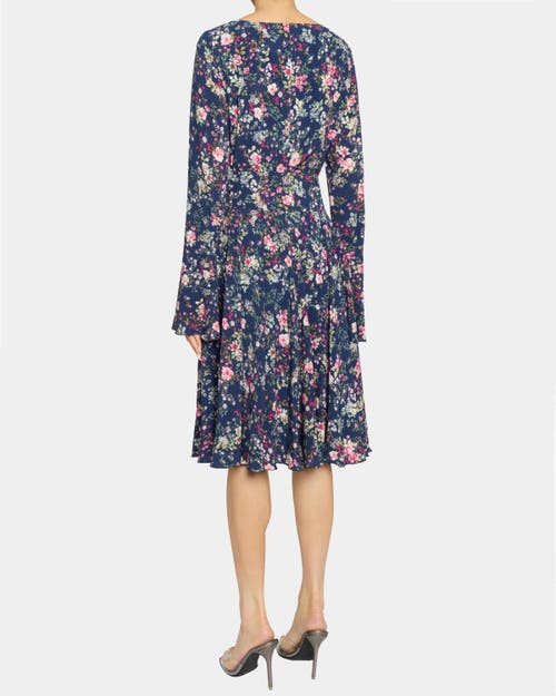 Santorelli Roni Long Sleeve Fit And Flare Dress In Stretch Floral Print In Blue