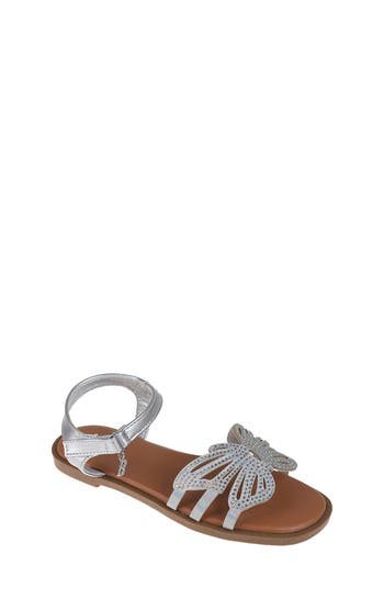 Bebe Little Girls Flat With Butterfly Rhinestone Welt Sandals In Metallic Silver