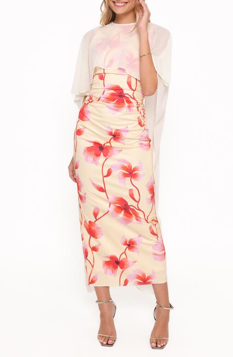 Tamzyn Floral Sleeveless Stretch Cotton Dress & Chiffon Cape Set