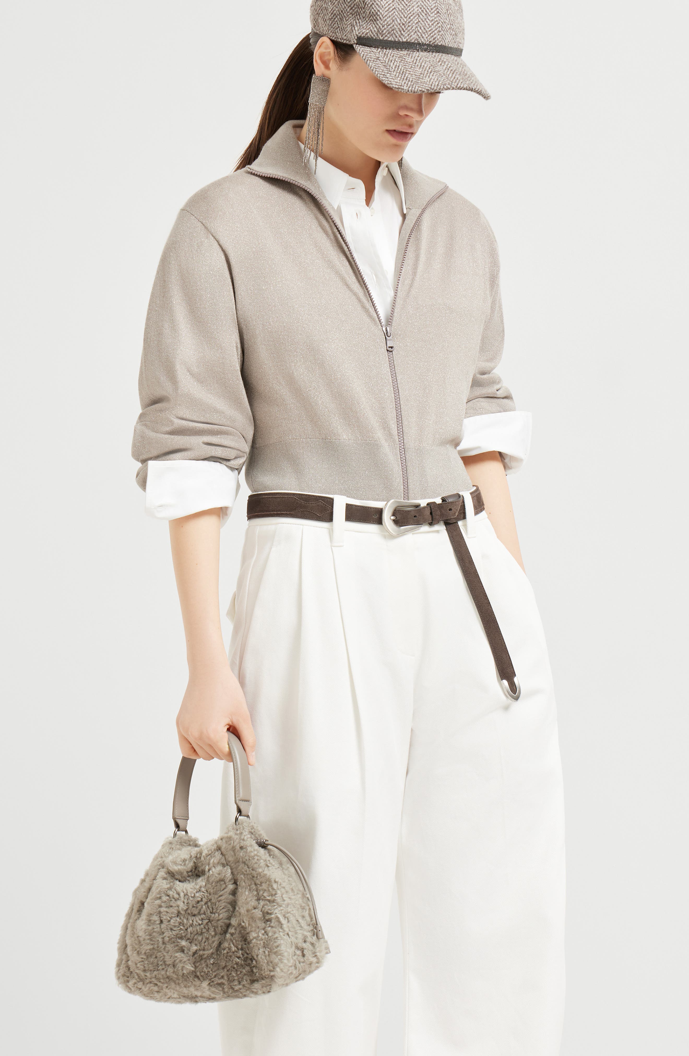 Brunello Cucinelli Shearling Mellow small bucket bag, Alternate, color, Light Brown