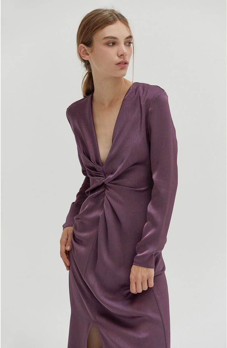 CRESCENT Front Twist Textured Satin Midi Dress, Alternate, color, 