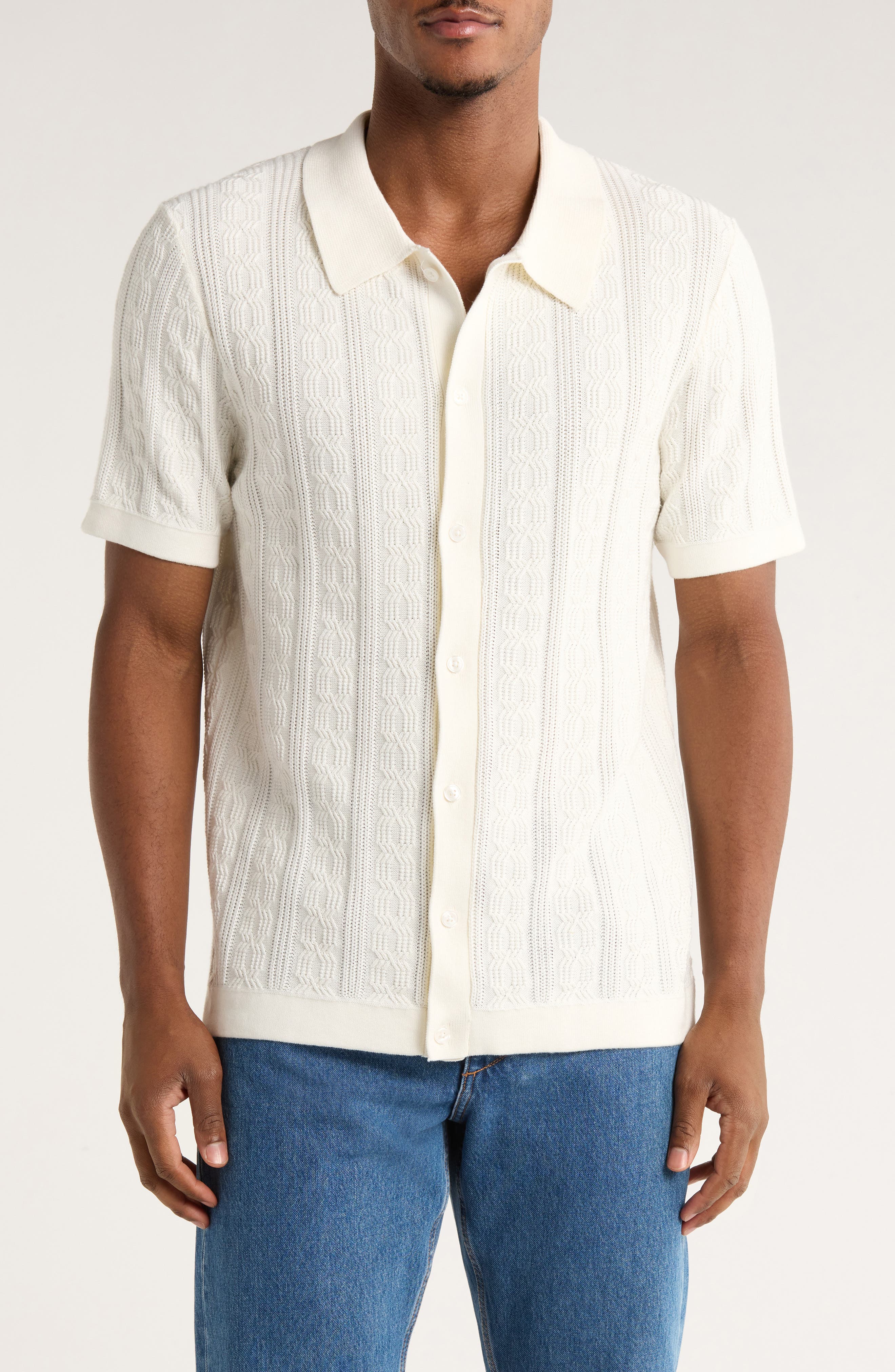 Short Sleeve Cable Knit Button-Up Shirt - image 5