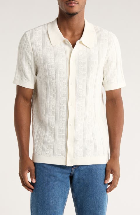 Short Sleeve Cable Knit Button-Up Shirt