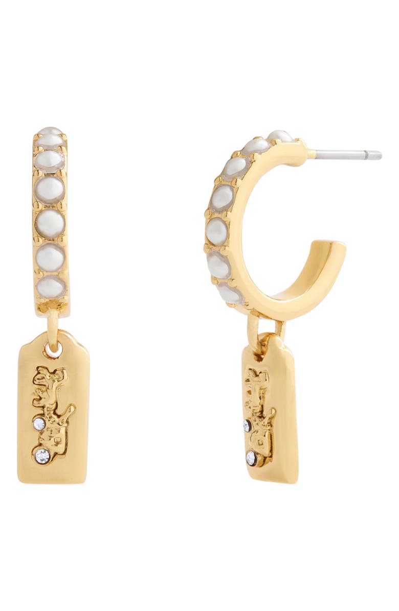 COACH Faux Pearl Hangtag Huggie Hoop Drop Earrings, Main, color,