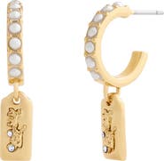 COACH Faux Pearl Hangtag Huggie Hoop Drop Earrings