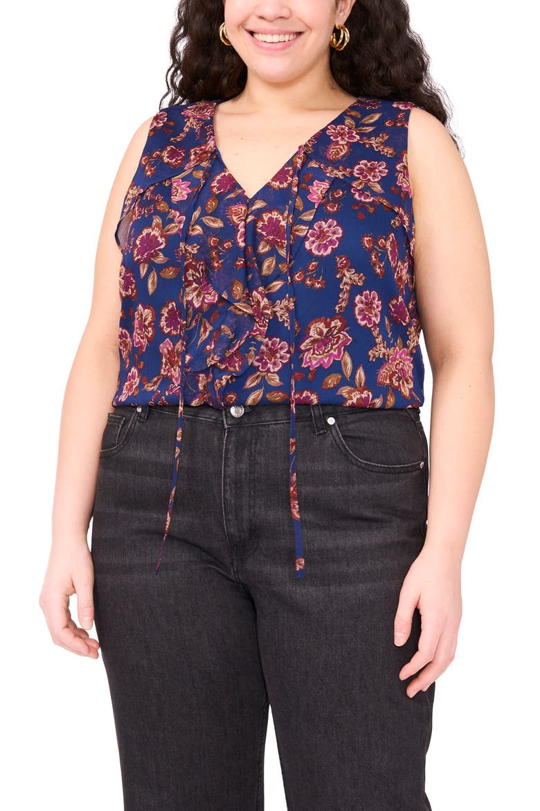 Floral Ruffle Neck Sleeveless Top, Alternate, color, DEEP SKY