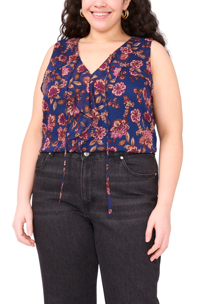 Vince Camuto Floral Ruffle Neck Sleeveless Top, Alternate, color, Deep Sky