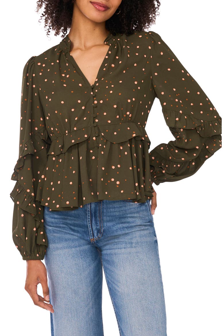 Ruffle V-Neck Button Top, Main, color, FOREST NIGHT