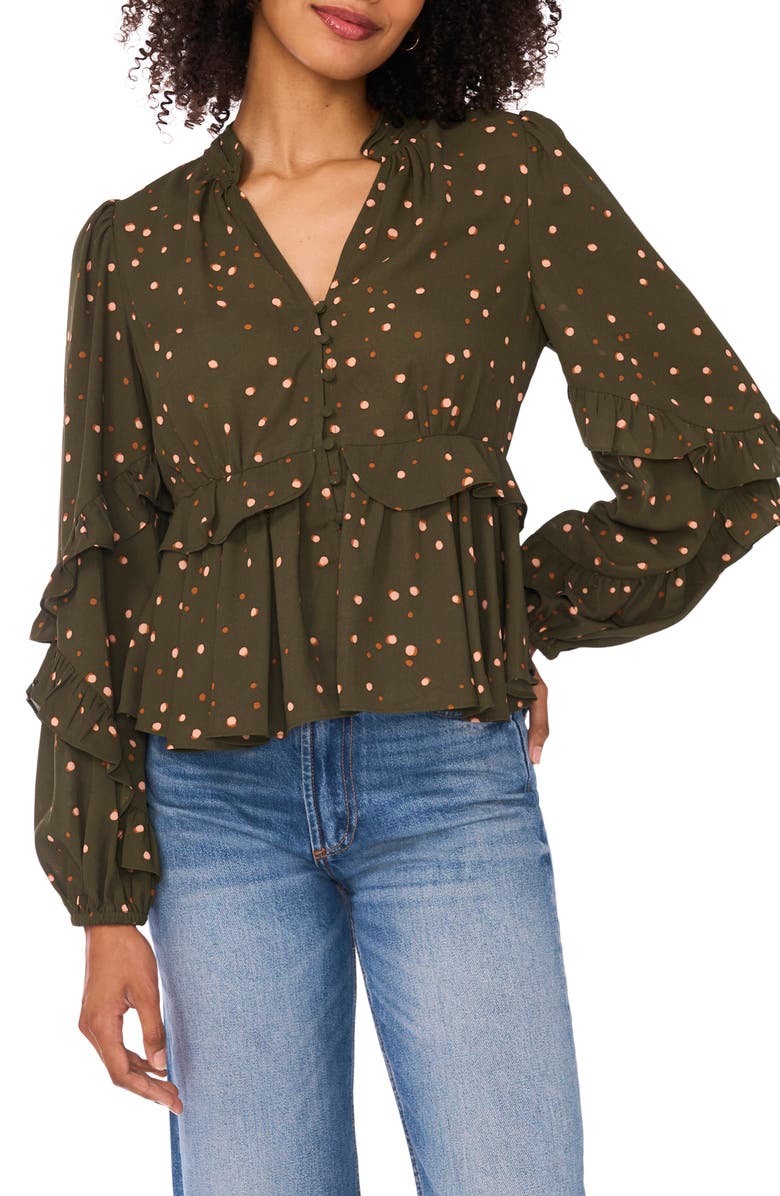 Ted Baker Ruffle V-Neck Button Top, Main, color, Forest Night