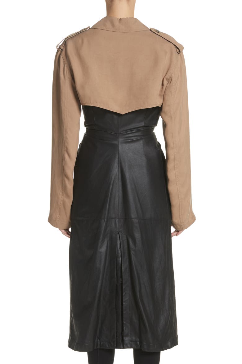Tie Front Leather & Twill Trench Coat, Alternate, color, BLACK