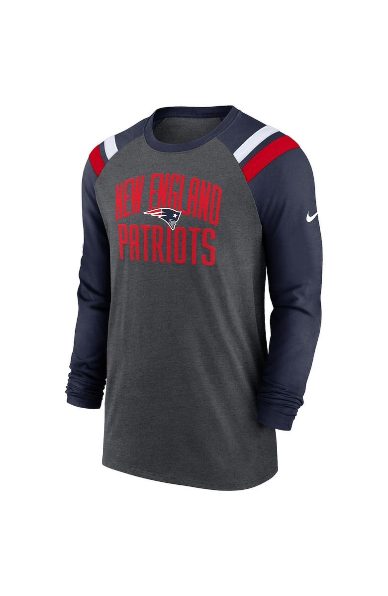 Nike Men's Nike Heathered Charcoal/Navy New England Patriots Tri-Blend Raglan Athletic Long Sleeve Fashion T-Shirt, Alternate, color,