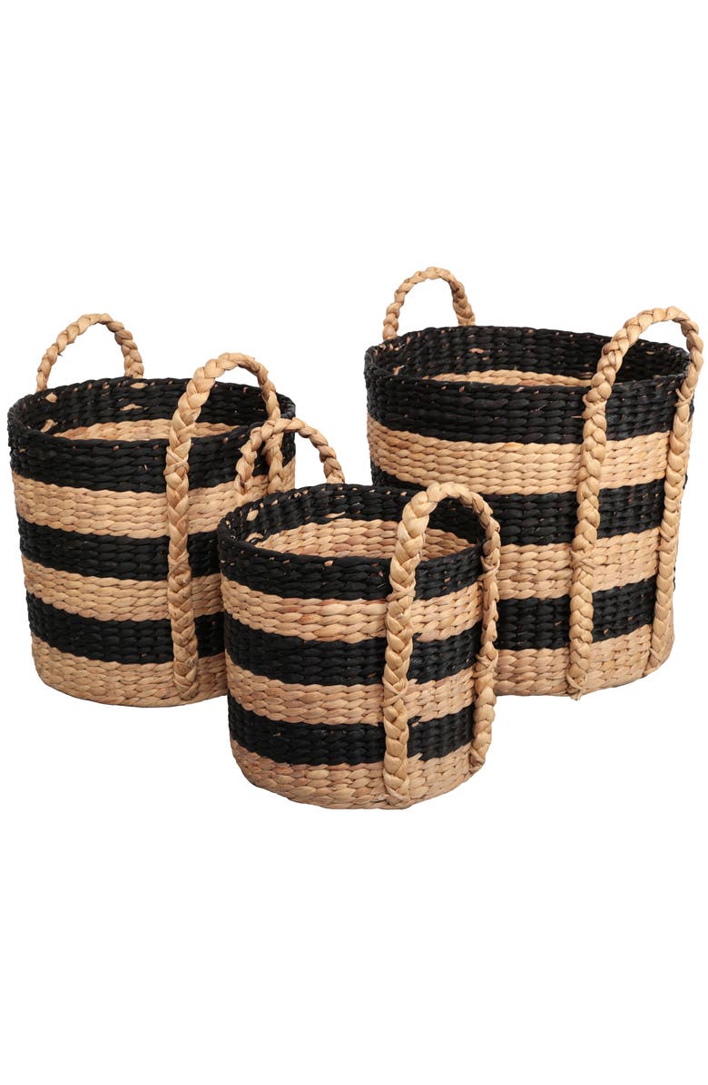 HAPPIMESS Stripe Handwoven Water Hyacinth Nesting Storage Baskets with Handles, Main, color, Black/Natural
