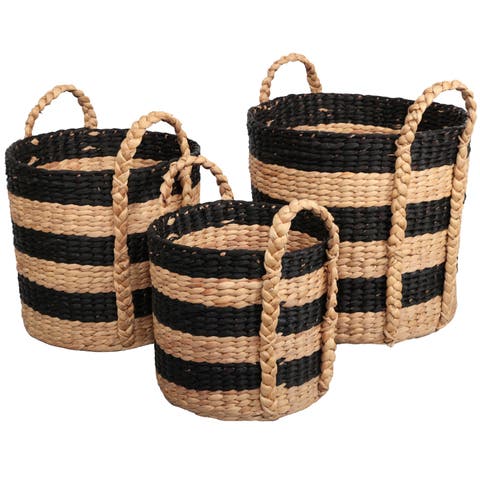 Stripe Handwoven Water Hyacinth Nesting Storage Baskets with Handles (Set of 3)