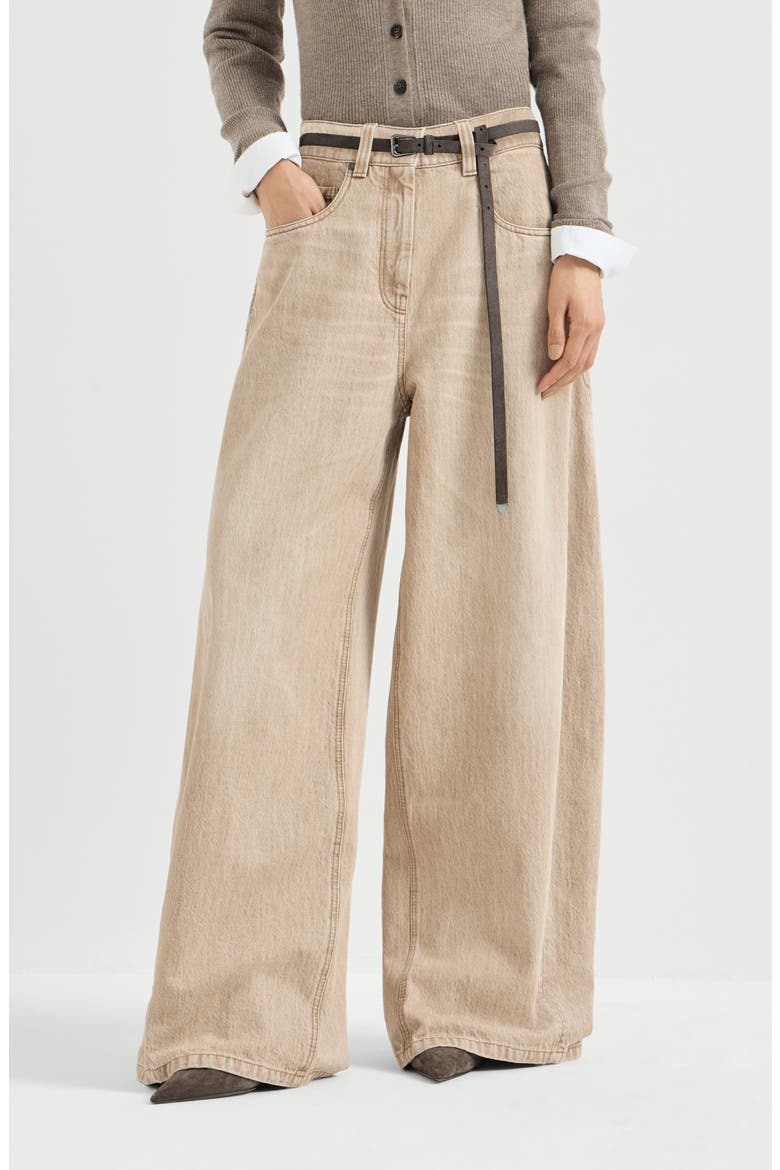 Authentic denim wide trousers with monili, Main, color, Sand