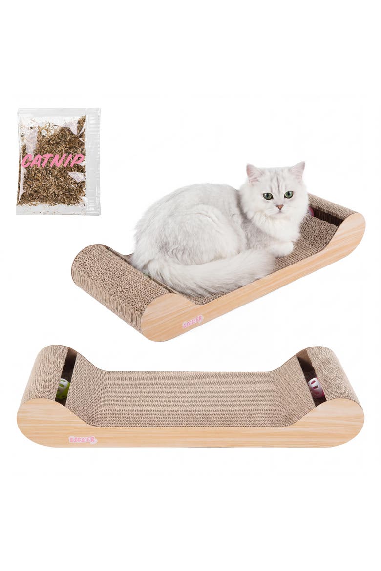 Rini Modern Cardboard Lounge Bed Cat Scratcher with Built-In Bell Toys and Catnip, Main, color, Oak Wood Finish