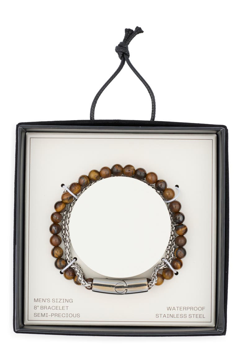 Men's Stone Bead & Chain Bracelet, Main, color, BROWN- STAINLESS