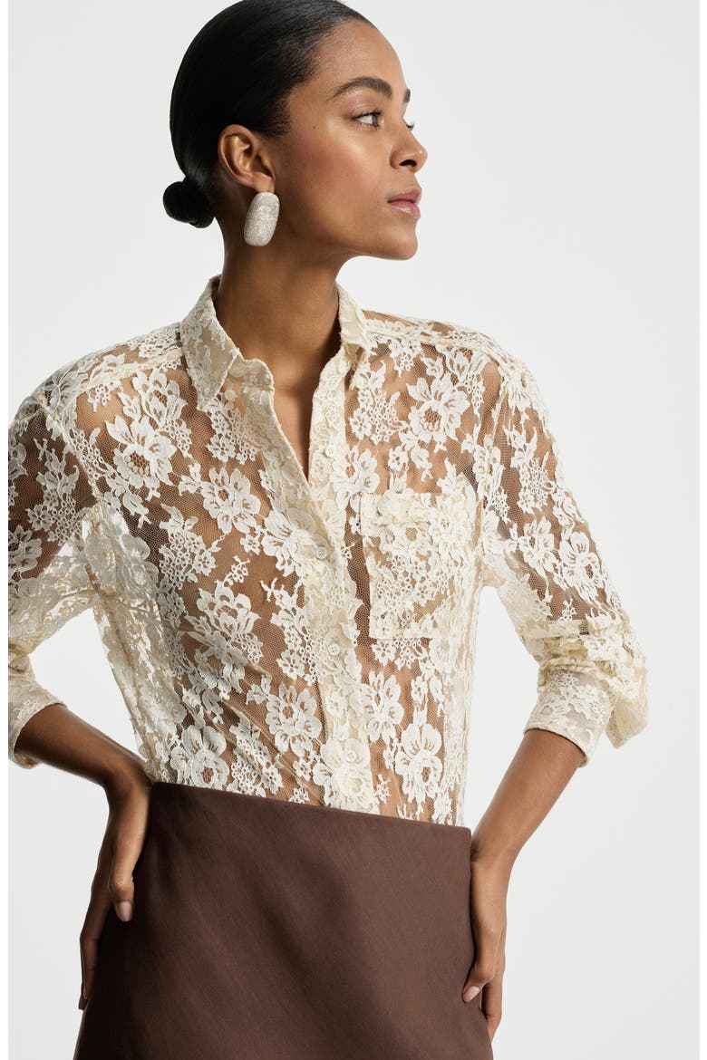 Flower jacquard lace shirt, Alternate, color, Cream