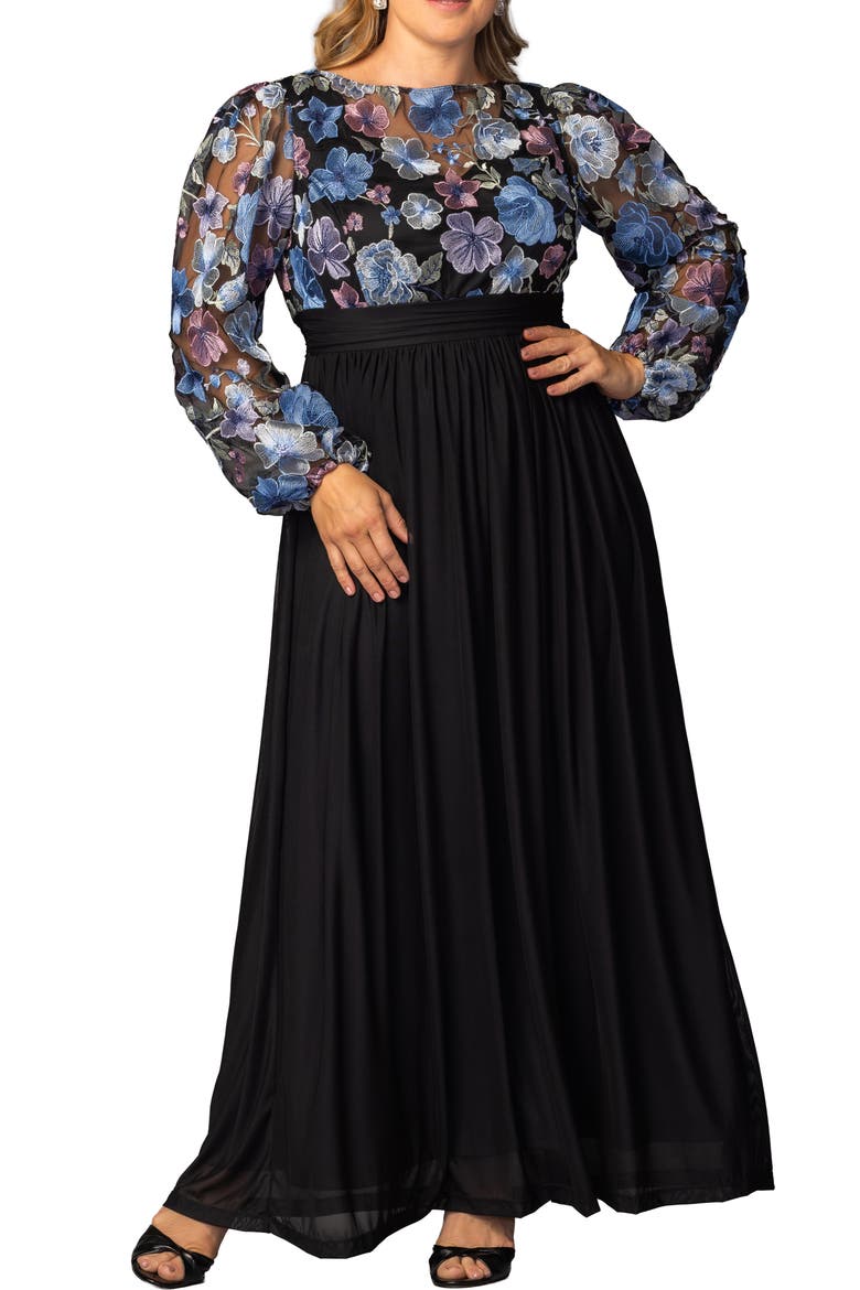 Floral Embroidered Long Sleeve Empire Waist Mesh Gown, Main, color, FLORAL FROLIC