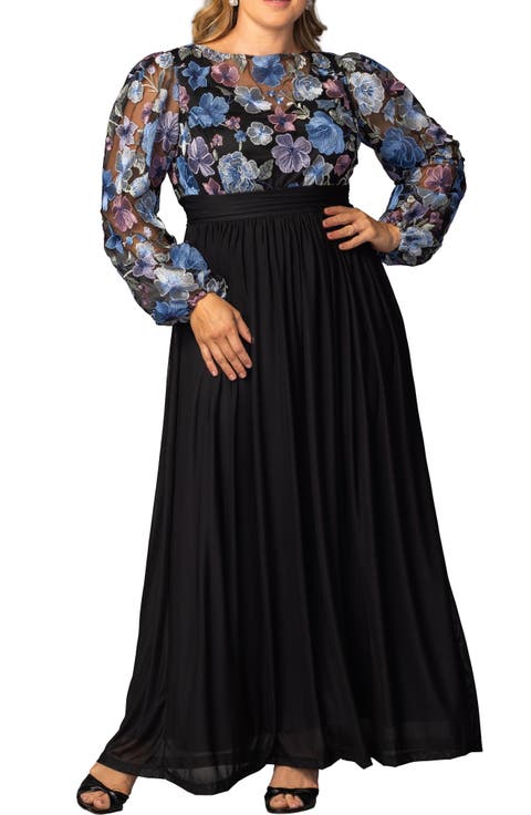 Floral Embroidered Long Sleeve Empire Waist Mesh Gown (Plus)