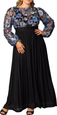 Kiyonna Floral Embroidered Long Sleeve Empire Waist Mesh Gown