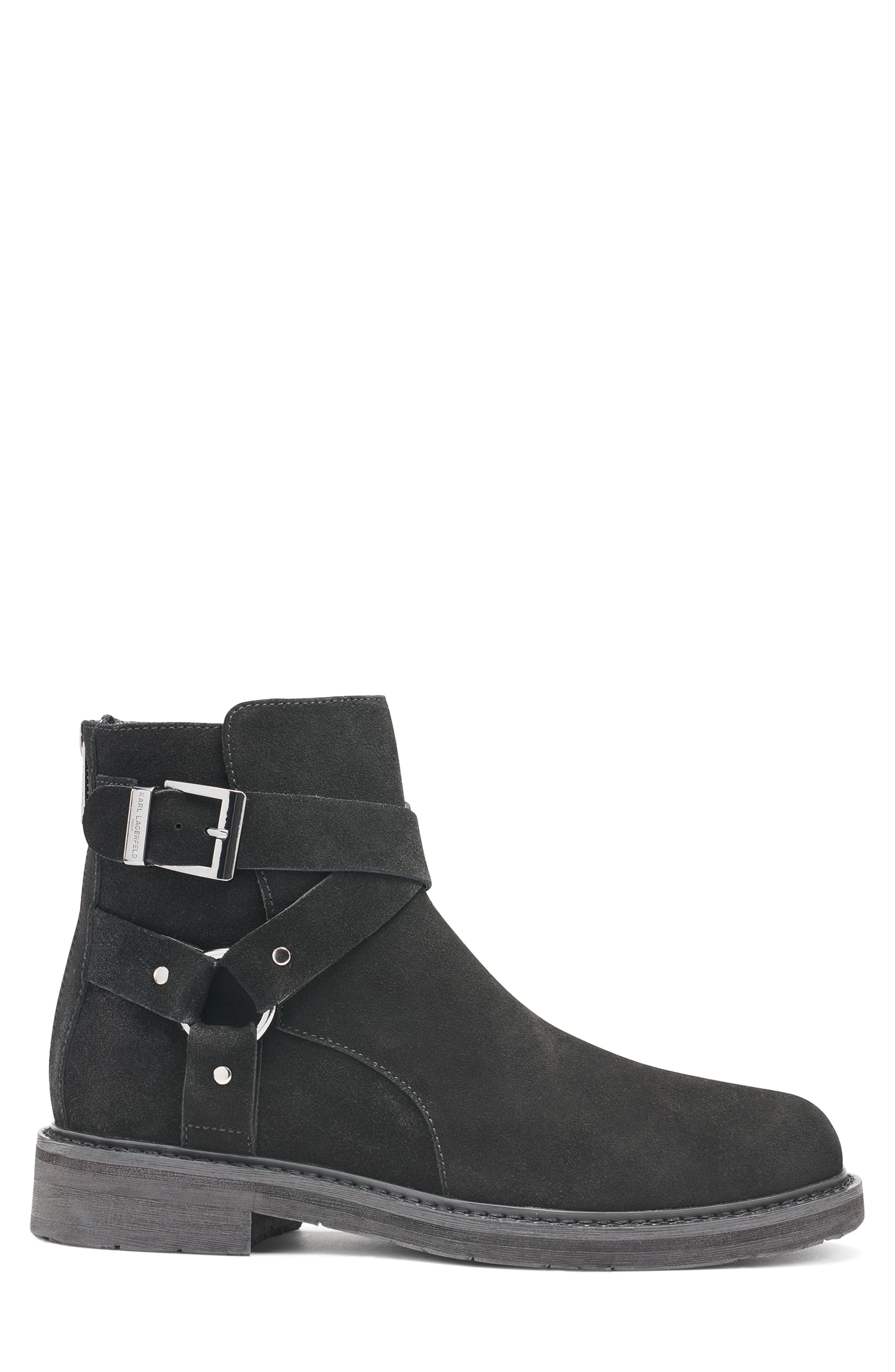 KARL LAGERFELD PARIS Suede Harness Boot, Alternate, color, Black