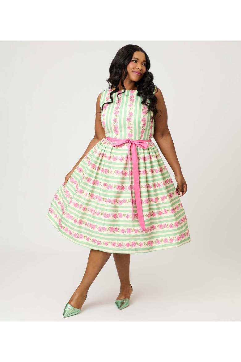 Plus Size Sleeveless Belted Swing Dress, Alternate, color, Green & Pink Floral Print