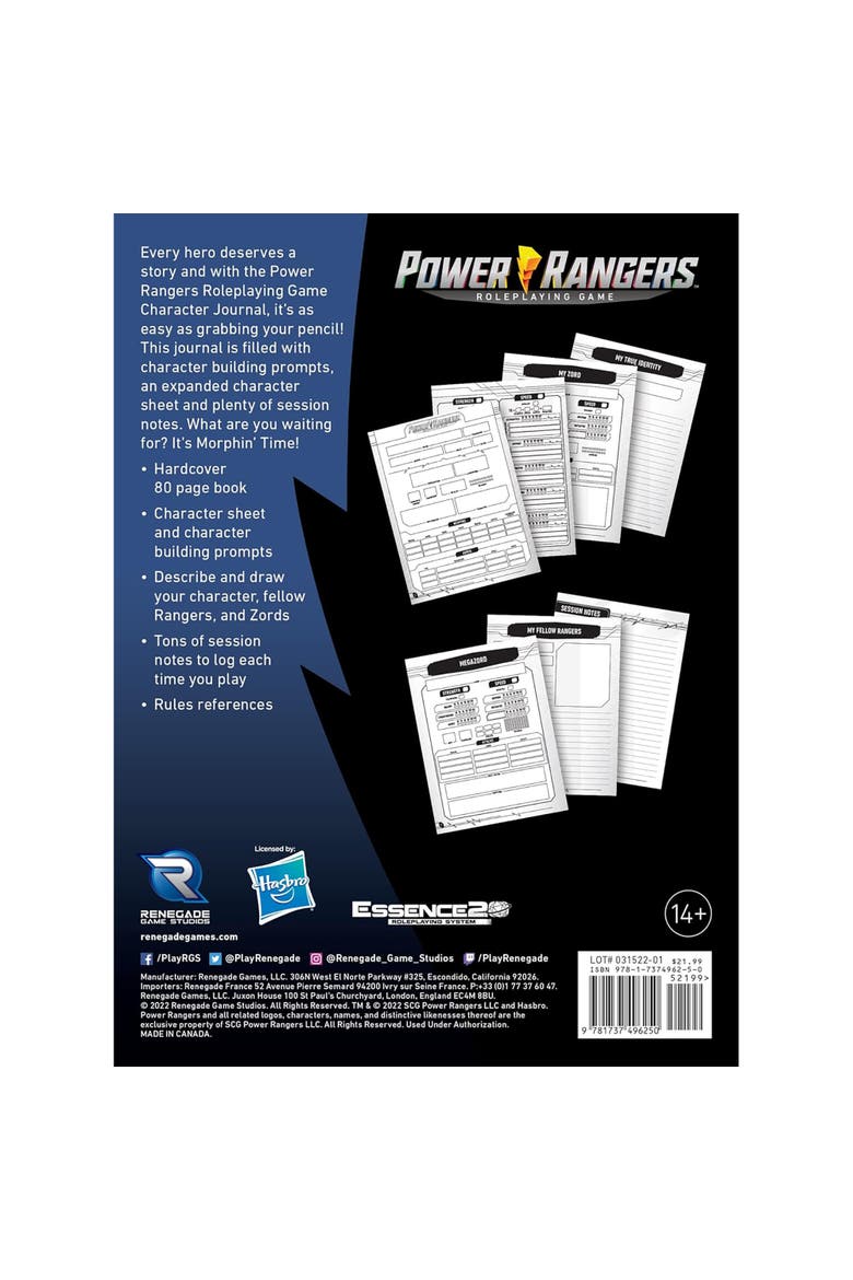Power Rangers Roleplaying Game Expanded Character Sheet Journal, Alternate, color, Black