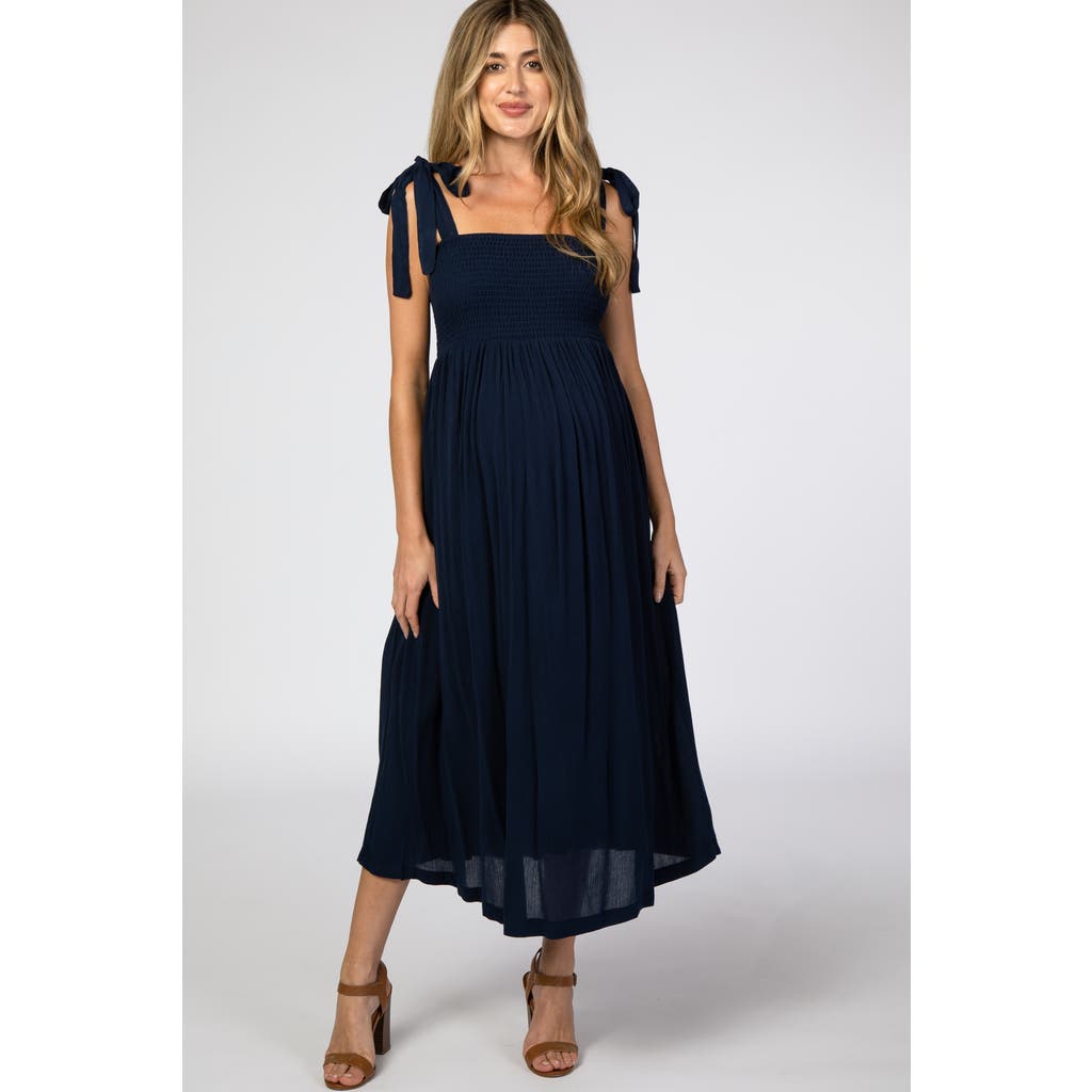 Pinkblush Smocked Tie Strap Midi Dress In Blue