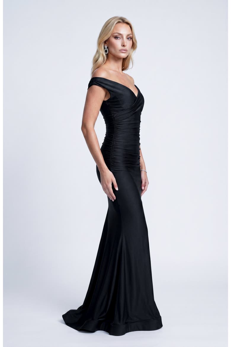 Ruched Off The Shoulder Flared Gown, Alternate, color, Black
