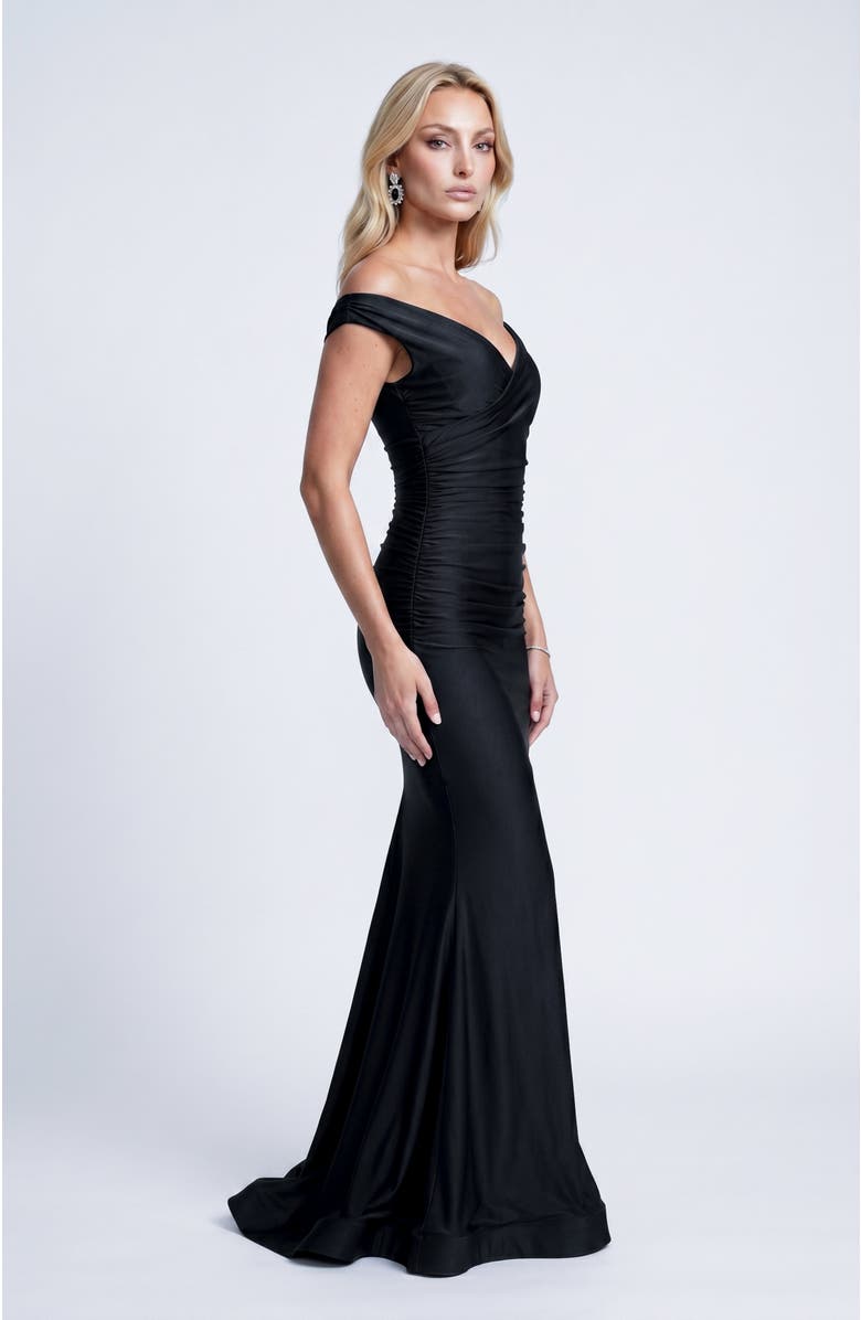 Jessica Angel Ruched Off TheShoulder Flared Gown, Alternate, color, Black